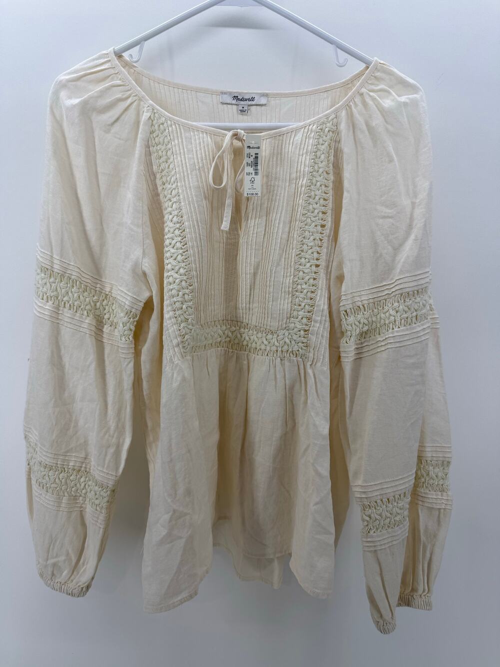 Madewell Peasant Top featuring Lace-insert - size Large - NWT